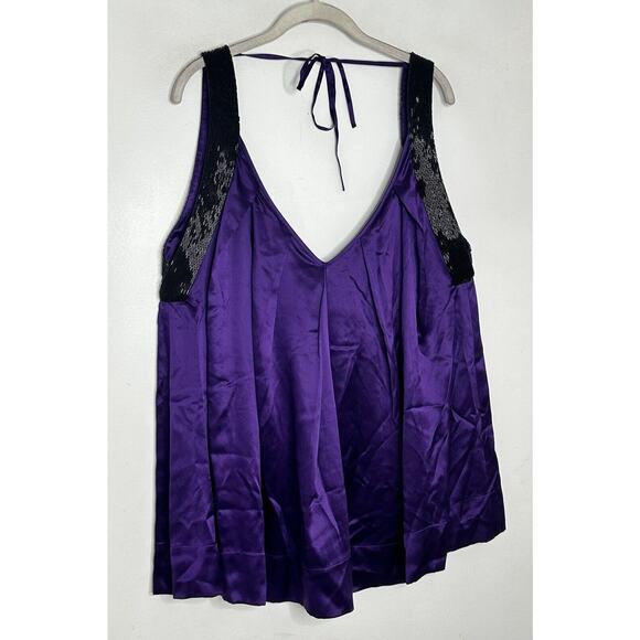 Bebe Purple 100% Silk Satin Black Beaded Sleeveless Tank Top Size XL NEW - Picture 2 of 7